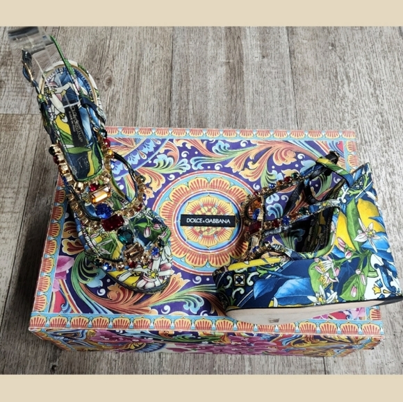 Dolce & Gabbana Multicolor Rhinestone Blue Floral Platform Wedge Sandal 6 1/2 - Picture 4 of 5